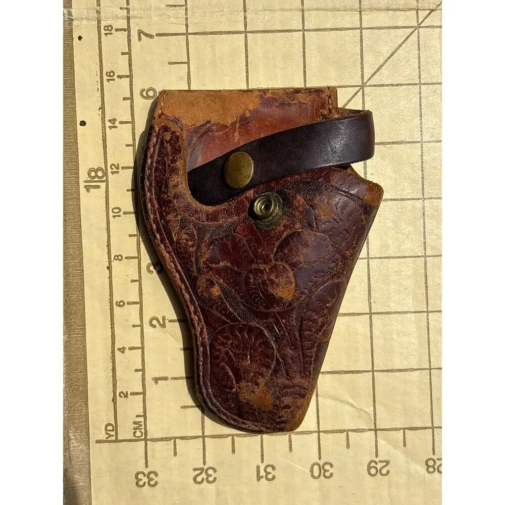 Hand tooled Leather Holster with snap clasp brown floral handmade vintage Vtg